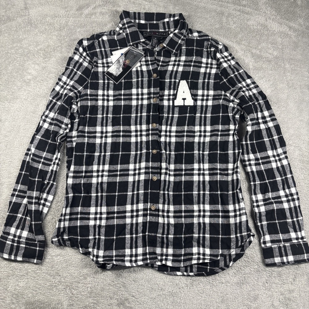 Polly & Esther Women's B/W Plaid Collar Shirt Long Sleeve XL NWT